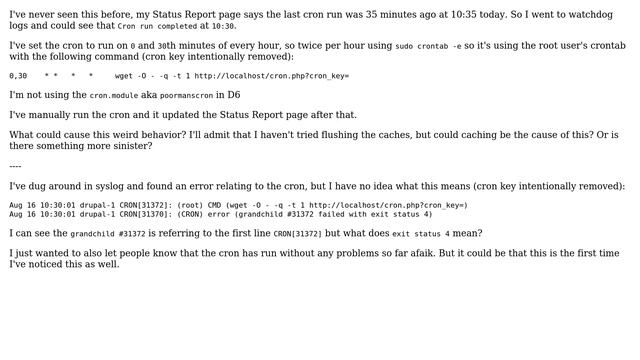 Drupal: What does cron error "exit status 4" mean in syslog? (Ubuntu) смотреть онлайн