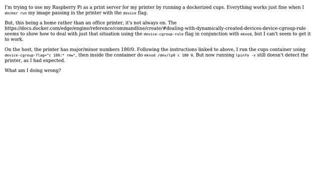 Using mknod and device-cgroup-rule to dynamically pass a printer to a dockerized cups смотреть онлайн