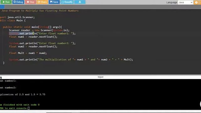 Java Program to Multiply two Floating Point Numbers смотреть онлайн