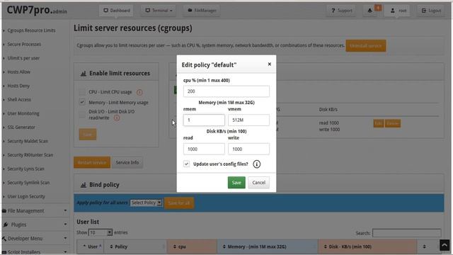 CWP - Admin Panel: (cgroups) Limit Server Resources per User смотреть онлайн