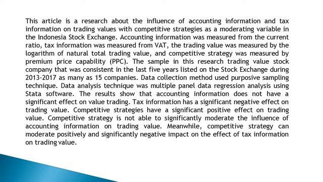 The Effect of Accounting Information and Tax Information on Trading Value Moderated by Competitive смотреть онлайн