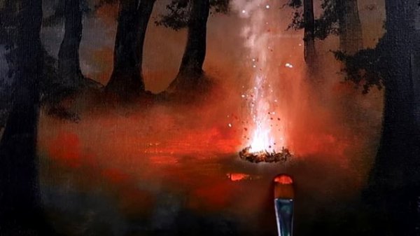 Men and Fire | Glowing Light | Acrylic Landscape Painting