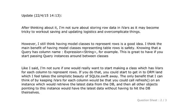 iOS : SQLite.swift: Best way to implement model classes representing rows of a given table? смотреть онлайн