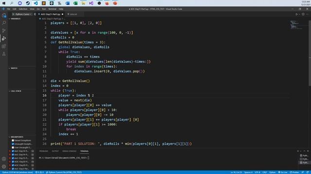 Python Solution for 2021 Advent of Code - Day 21 - Part 1 - Dirac Dice смотреть онлайн