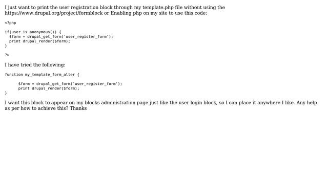 Drupal: Print User Registration Block Through template.php file смотреть онлайн