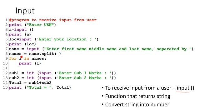 How to receive input from user using various formats in Python with name and marks example смотреть онлайн