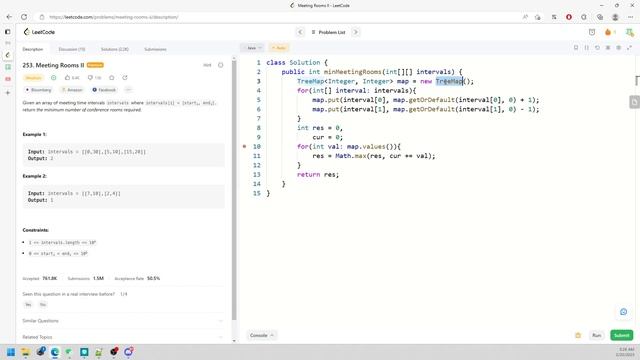 LeetCode 253 | Meeting Rooms II | TreeMap | Sweep Line | Debugger | Java смотреть онлайн