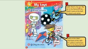Kid's Box Starter - Unit 4 - My Toys - 1 - Listen and point. With comic dialogue box.