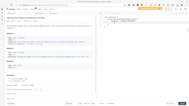 LeetCode 1464 | Maximum Product of Two Elements in an Array | Array | Java смотреть онлайн