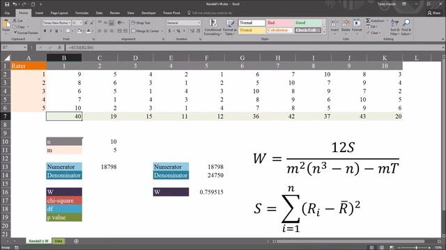 Kendall's Coefficient Of Concordance (Kendall's W) In Excel
