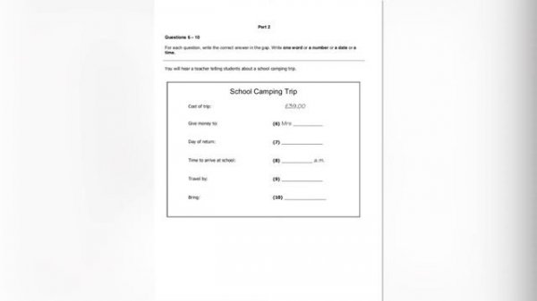 A2 Key (KET) for Schools, Listening test 1 - Task 2 with answer keys