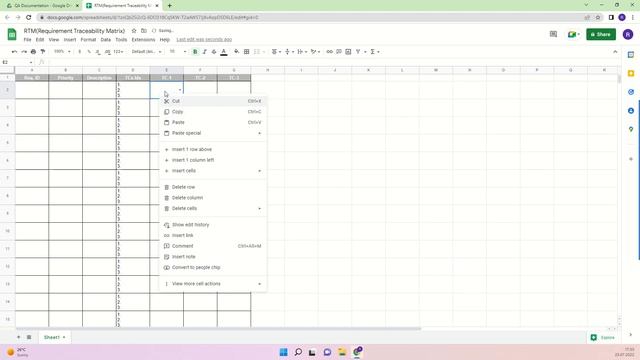 Створення шаблону для Requirement Traceability Matrix в Excel(Google Sheets)
