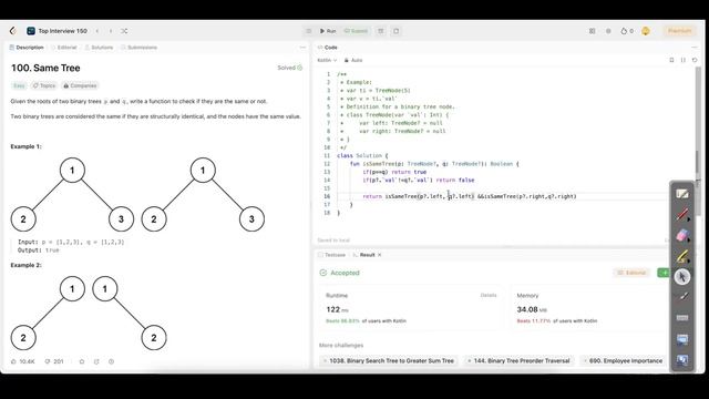 100. Leet code || Are two binary trees identical || Same Tree || Kotlin || DSA and Alog смотреть онлайн