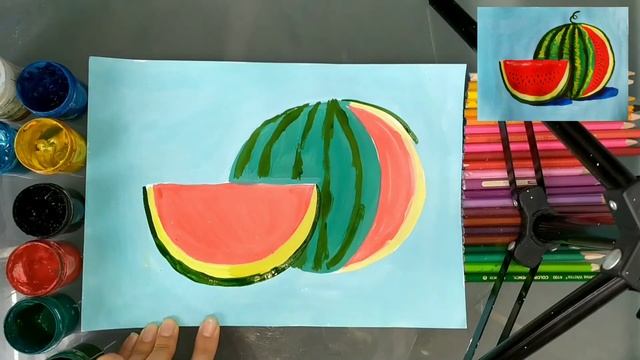 Рисуем арбуз красками гуашь, для детей, как нарисовать арбуз. How to draw watermelon смотреть онлайн