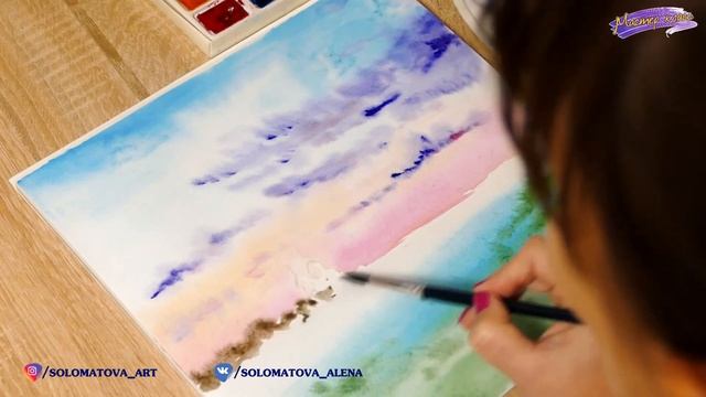 Пейзаж с закатом акварельными красками. смотреть онлайн