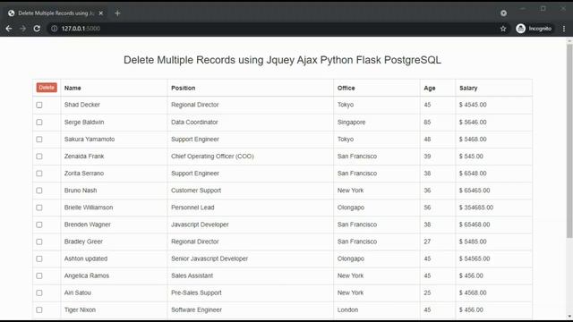 Delete Multiple Records using Jquey Ajax Python Flask PostgreSQL смотреть онлайн