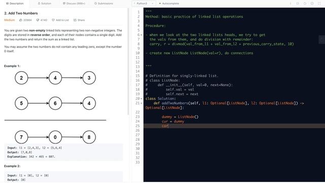 Leetcode 2. Add Two Numbers - basic practice Addition in the Linked List setting смотреть онлайн