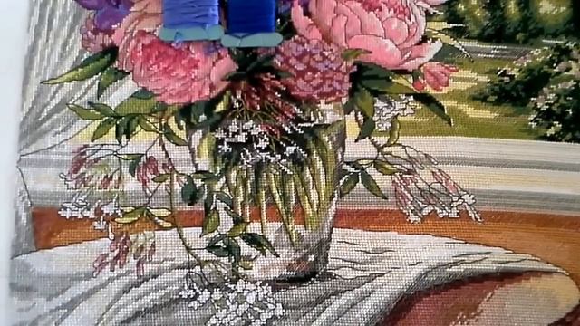 53. Готовая работа "Пионы и Дельфиниумы" (подбор - нитки Gamma)// Впечатления// Вышивка крестом смотреть онлайн