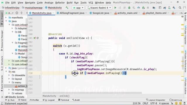 How to create Music Player App in Android with Java | Music Player App| Handle Click Event Part 12 смотреть онлайн