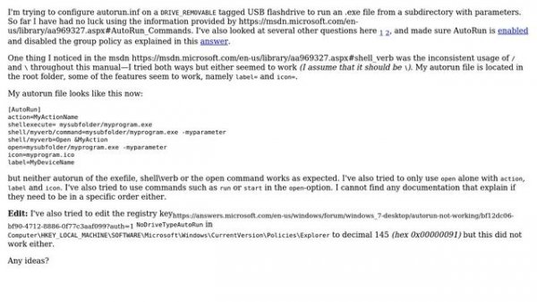 How can I create a autorun.inf for executables in subdirectory, with parameters, on windows 10?