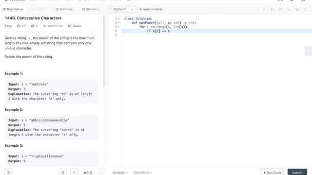 Leetcode 1446. Consecutive Characters Python Solution смотреть онлайн