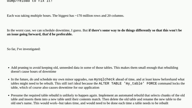 MariaDB upgrade requires table rebuild. Rebuild takes too long. Options? смотреть онлайн