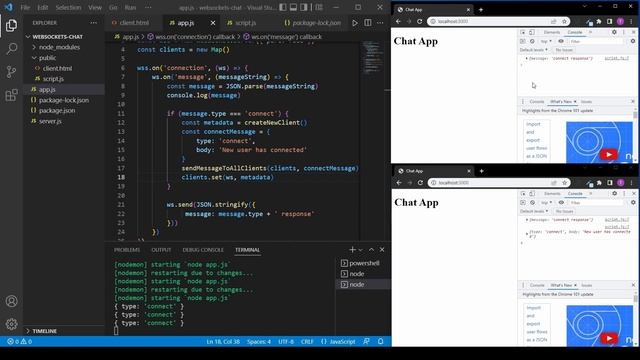 Chat app in NodeJs - Episode 2 - Checking if Websockets connection is open and sending messages смотреть онлайн