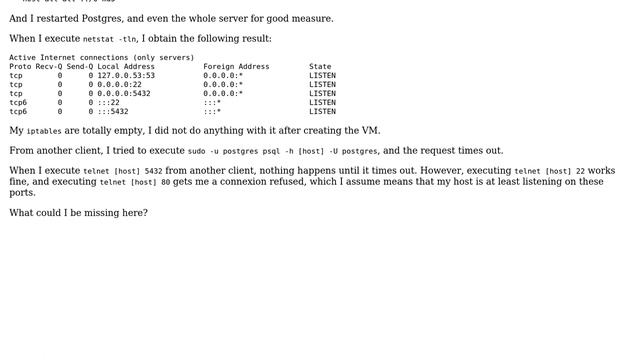 DevOps & SysAdmins: Port 5432 listening but unreachable after installing Postgres смотреть онлайн