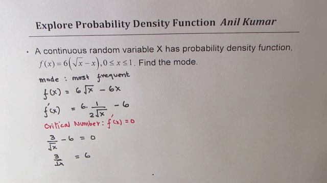 How to Find Mode from the Probability Density Function 6(sqrt x - x) смотреть онлайн