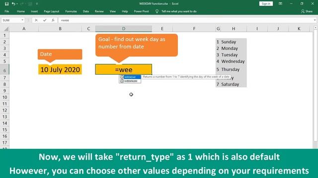 WEEKDAY function in Excel to convert weekday as number смотреть онлайн