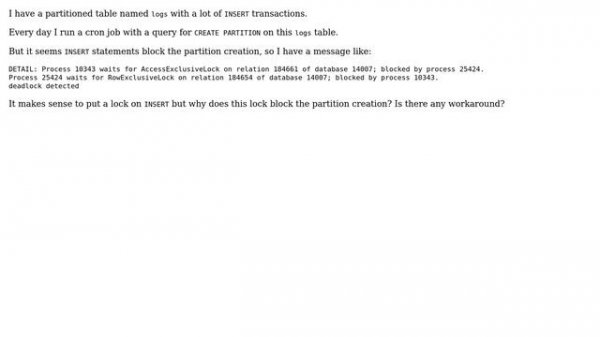 Databases: Postgres: deadlock for CREATE PARTITION with INSERT