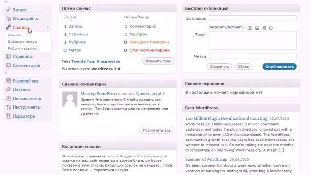 009 Интерфейс панели администрирования CMS WordPress смотреть онлайн