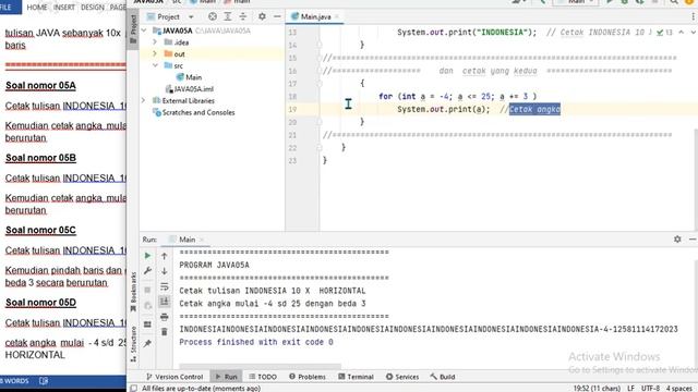 JAVA05A Cetak INDONESIA 10 X HORIZONTAL dan angka mulai - 4 s/d 25 dengan beda 3 beruruta смотреть онлайн