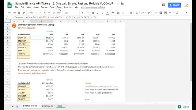 Howto code Binance API price tickers in Google Sheets / Apps Script sample example code no ban 418 смотреть онлайн