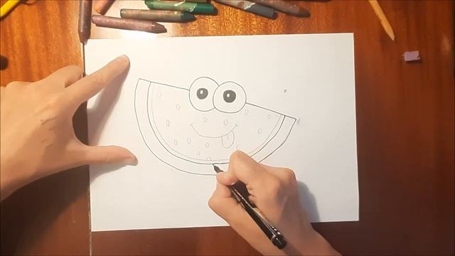 Как нарисовать арбуз с глазками. Картинка раскраска. смотреть онлайн