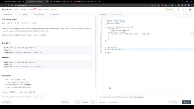 704 Binary Search LeetCode (Google Interview Question) JavaScript смотреть онлайн