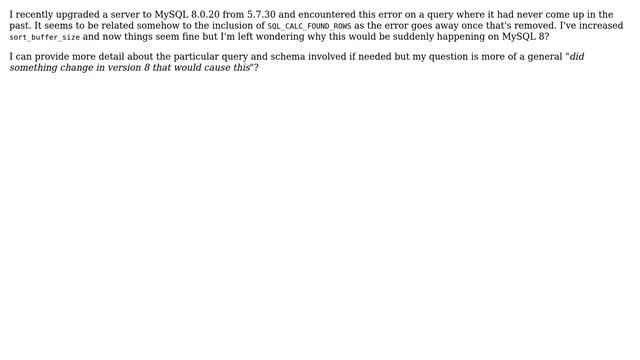 Out of sort memory, consider increasing server sort buffer size after upgrading to MySQL 8 смотреть онлайн