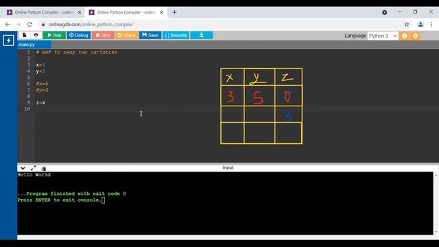 WAP - Program to swap two variables using third variable in Python смотреть онлайн
