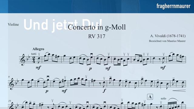 Vivaldi Violin Concerto In G Minor RV 317 - (SLOW Tempo 80) Violin Sheet Music + Piano Accompanimen