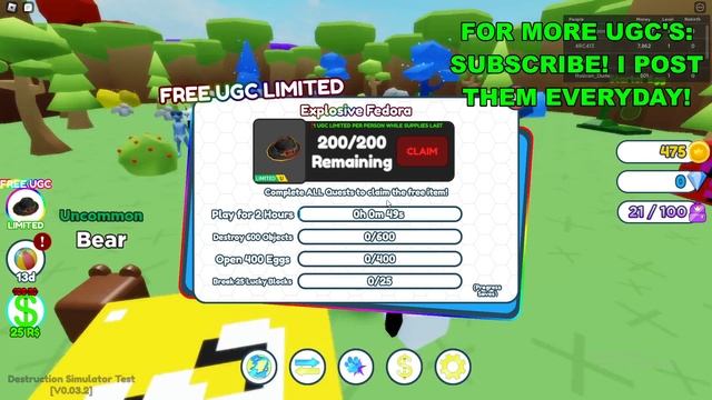 How To Get Explosive Fedora in Destruction Simulator (ROBLOX FREE LIMITED UGC ITEMS) смотреть онлайн