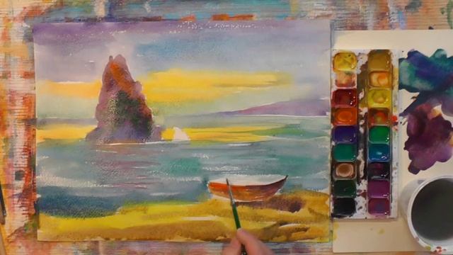 Как рисовать акварелью морской пейзаж . смотреть онлайн