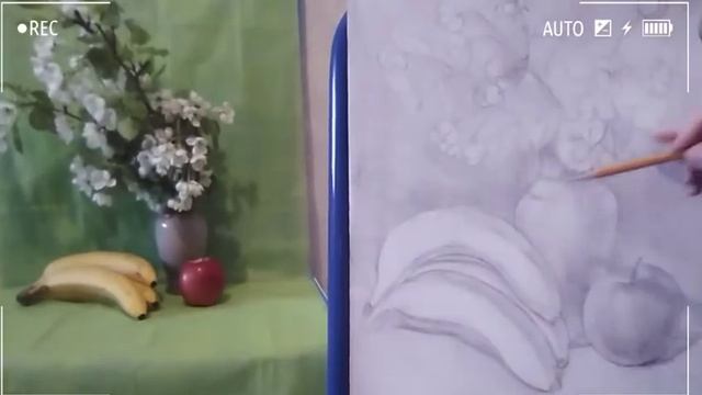 ✏️"Натюрморт с цветущей веткой груши"?в технике "Графика". смотреть онлайн