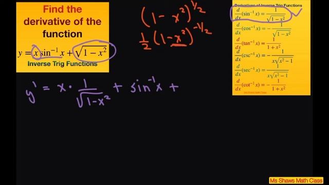 Find derivative of y= x sin^(-1) x + sqrt(1 - x^2). Derivatives of Inverse Trig Functions смотреть онлайн