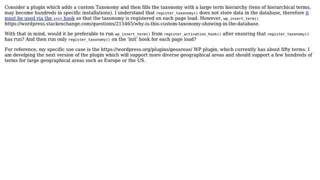 Wordpress: Insert terms for custom taxonomy on plugin activation, or each page load (init hook) смотреть онлайн