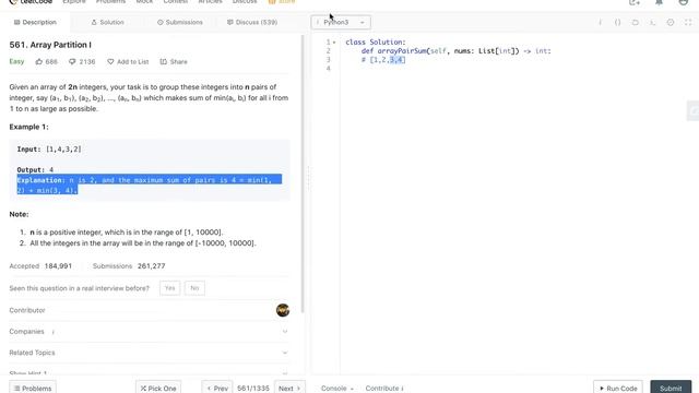 Leetcode 561. Array Partition I Python смотреть онлайн