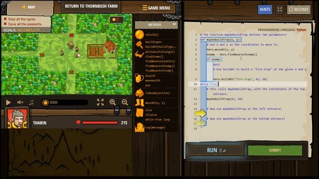 CODE COMBAT PYTHON level RETURN TO THORNBUSH FARM Basic Syntax Functions If Statements Strings Vari смотреть онлайн