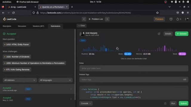 LeetCode 1409 : JAVA Solution | Queries on a Permutation With Key смотреть онлайн