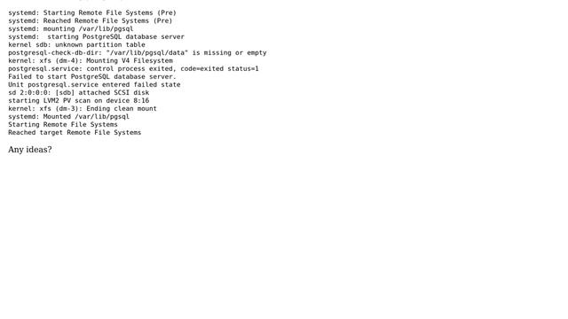 DevOps & SysAdmins: postgresql on iscsi that refuses to start ... on server's boot - Redhat 7.1 смотреть онлайн