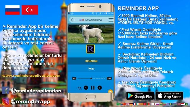 Rusça Resimli 100 Hayvan - Çocuklar İçin Dil Öğretici Uygulama /Reminder Kelime Öğretici
