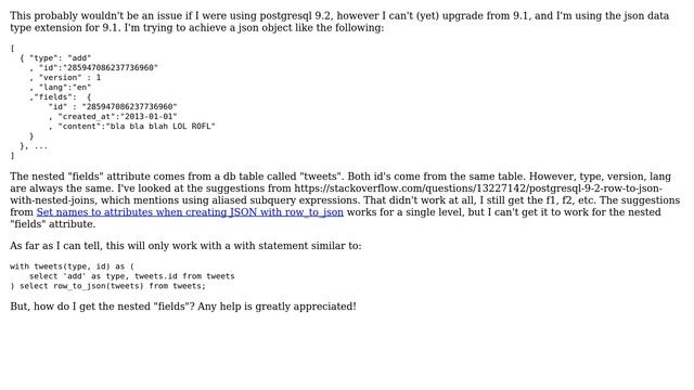 Databases: Postgresql nested row_to_json not working смотреть онлайн